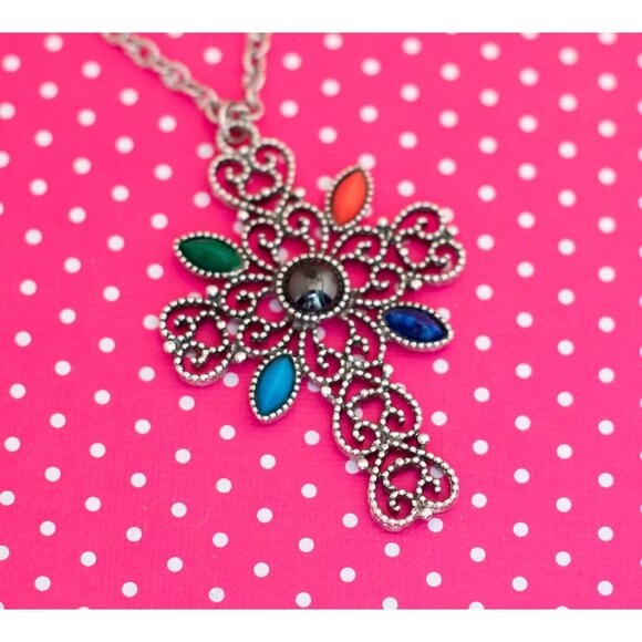 Vintage Celtic Multi Stones Cross Necklace by Avon 24 inch - P9 - Picture 1 of 3